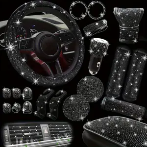 Sparklezone 30-Piece Bling Car Accessories Set for Women Universal Fit 15 Inch Steering Wheel Covers Seat Belt Pads Armrest Covers Gear Shift Covers with Feminine Rhinestones Decorative Accents