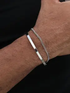 2-Piece Trendy Men's Stackable Stainless Steel Chain Cuff Bracelets, Simple Casual Street Style Adjustable Party Accessories