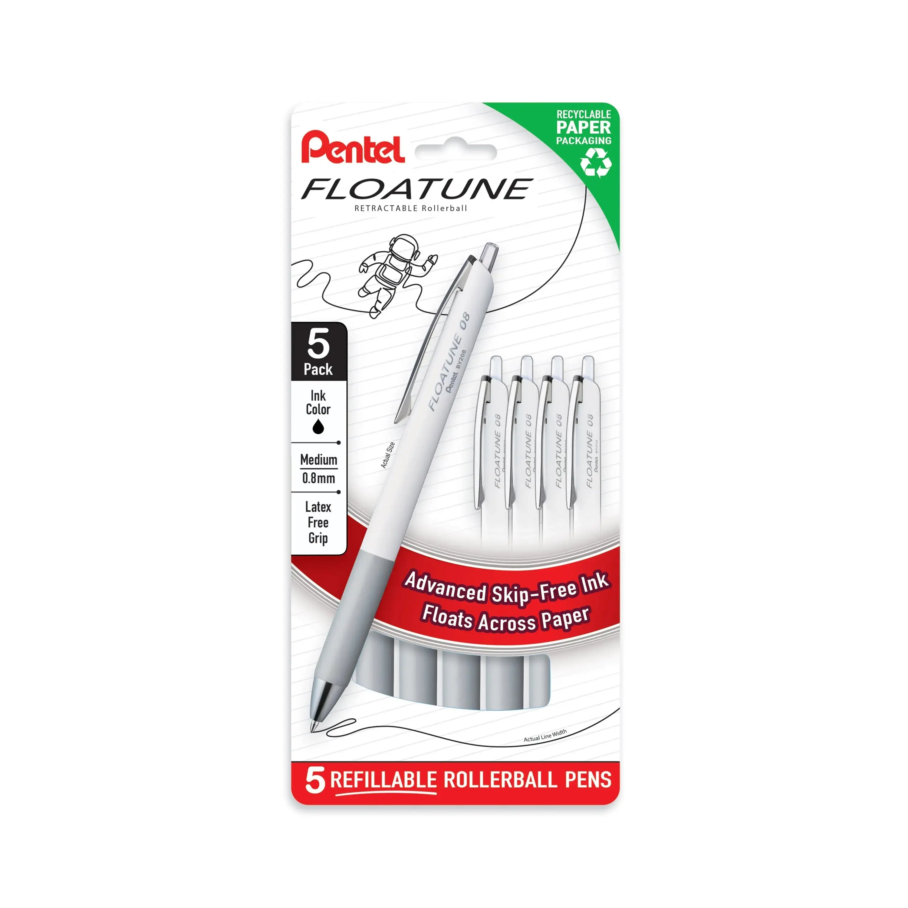 Pentel Floatune Retractable Rollerball Pens - 5-Pk, 0.8mm Medium Point, Dual Ball Mechanism, Skip-Free Tip, Enhanced Ink Flow, Smooth Writing Pens for Office Stationery & Writing Tools Needs