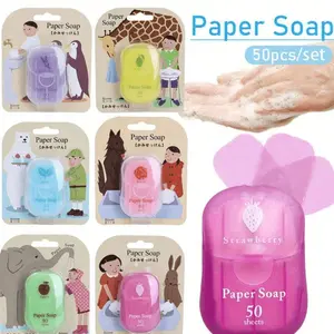 Disposable mini scented travel soap sheets, 50 sheets per pack, cartoon set, portable hand soap sheets, suitable for outdoor travel, boxed design, stain-free, easy to carry, beach vacation, school supplies, travel essential soap sheets.