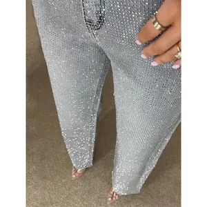 Y2K women’s shiny rhinestone denim wide-leg straight-cut jeans with a full diamond pattern—high-street fashion bottoms for female drag queens and streetwear