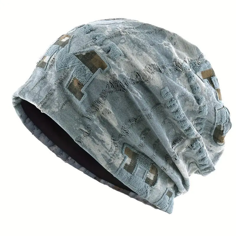 Unisex Vintage Letter Print Slouchy Beanie - Distressed Jacquard Texture, Camouflage Accents, Lightweight Elastic Stretch No-Brim Skull Cap, All-Season Warm Headwear for Streetwear, Outdoor Sports, All Seasons, Distressed Print, Lightweight Cap, Adults ti