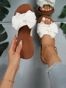 Round Head Flat Bottom Sandals Bow Design, Slimming Fashion Versatile Casual Summer Beach Shoes, PVC Sole, Square Toe, Glass Upper Material