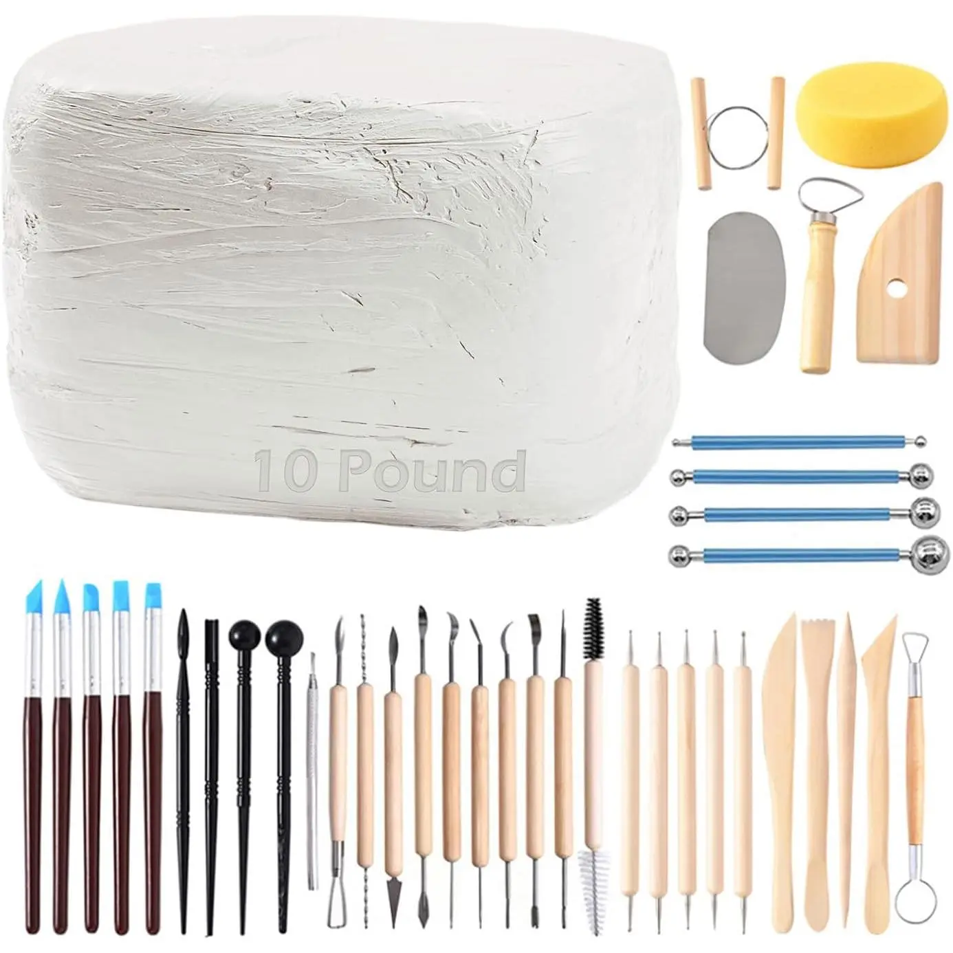 Air-Dry Clay, Pottery Clay10LBs with 40 count Pottery Tools Clay Sculpting Tool Set, All-Purpose Modeling Clay (White)