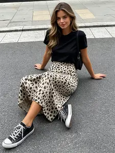 Skirts For Women Leopard-Print Satin Midi Skirt High-Waisted Figure-Hugging A-Line Silk Dress Elegant Glossy Casual Bottoms Fashionable Animal-Print Skirt—Perfect For Everyday Wear Street Style Office Attire Date Nights And Weekend Gatherings