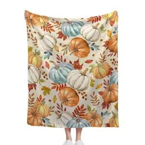 Fall Pumpkin Blanket Soft Flannel Lightweight Orange White Blue Pumpkins Maple Leaves Throw Blanket Cozy Warm Thanksgiving Farmhouse Home Party Decor On Living Room Sofa