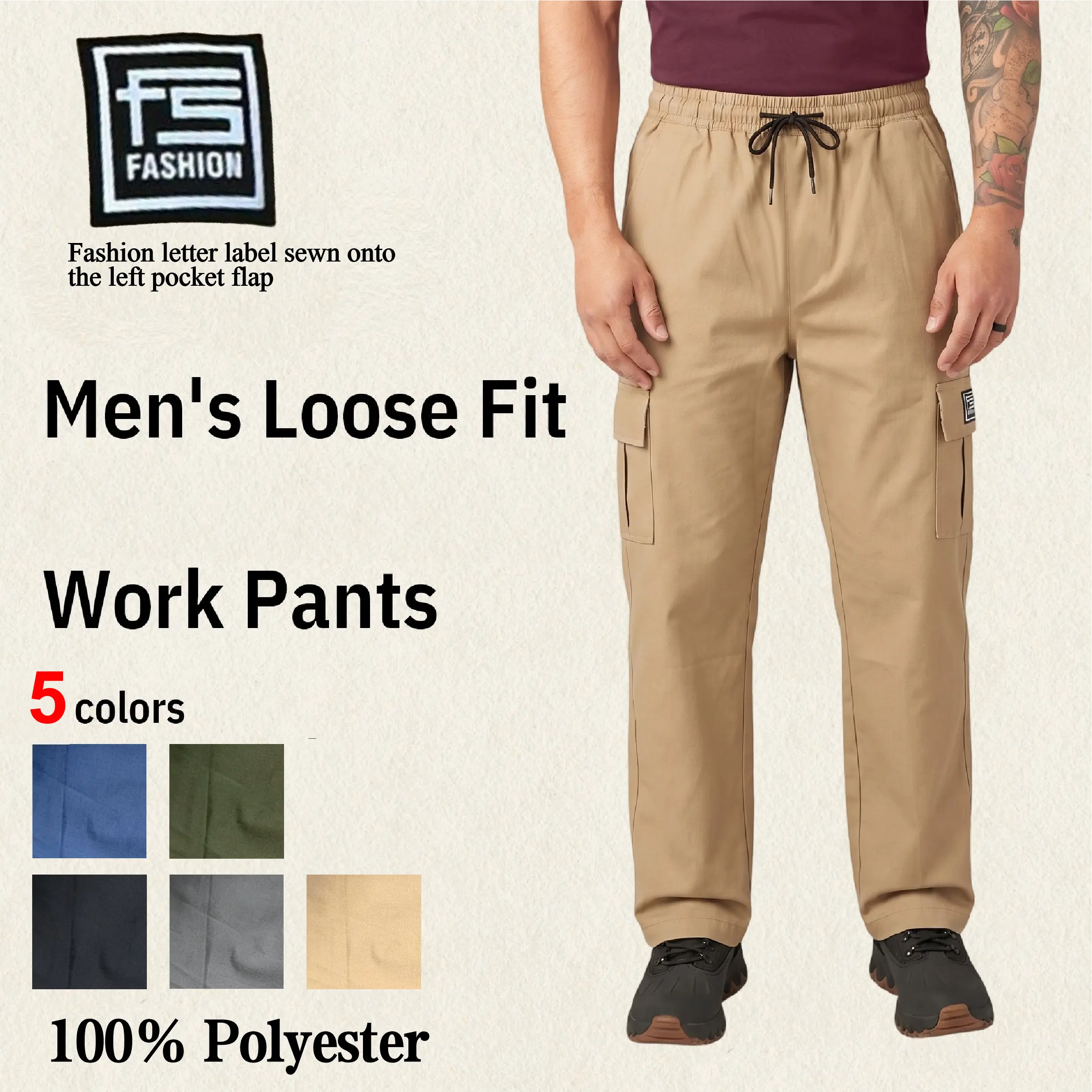 Menswear Elegant Plain Cargo Pants, Classic Loose Fit Workwear Style Trousers with Pockets, Slight Stretch, and Letter Label, Clothes, Ankle Length, Plain Label