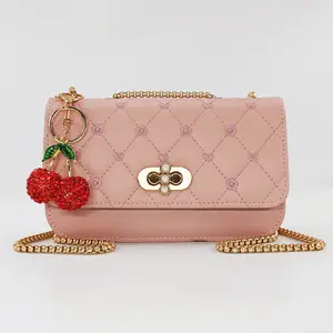 Small Size Women's Crossbody Bag with Elegant Quilted Diamond-Stitch Design, Pearl-Decorated Lock & Sparkling Fruit Charm Detail for Playful Accent
