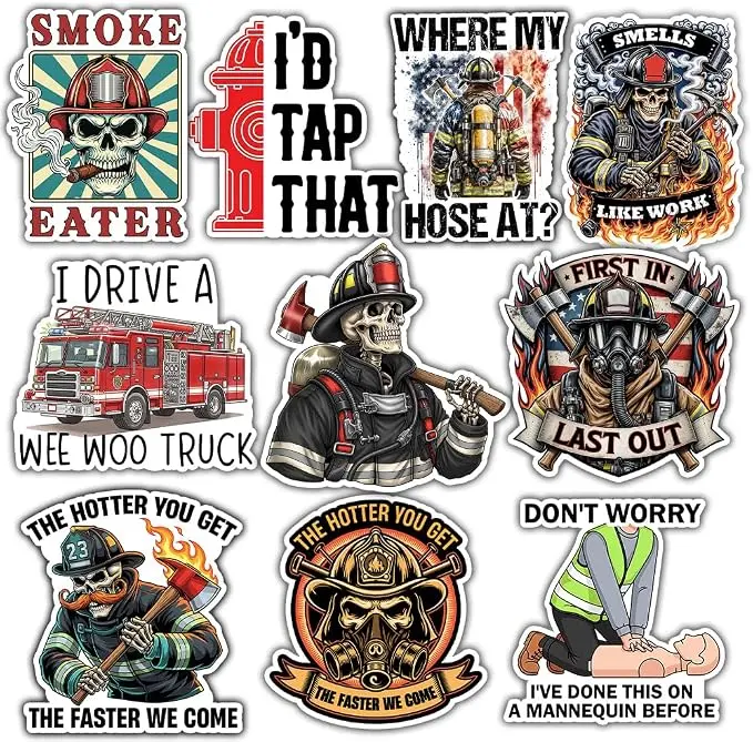 10pcs- Firefighter Stickers Fireman Stickers First Responder Decals For Hard Hat Funny Fire Department, Fire Truck Firefighter Gifts Decorations for Laptop, Water Bottles, Helmet, Toolsbox