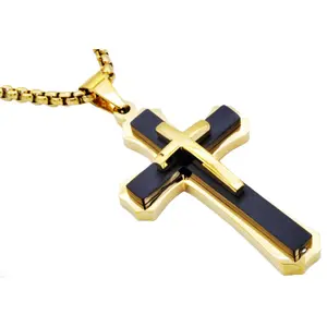 Blackjack Men's Gold-Plated & Black Cross Necklace SS BJP172BG