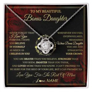Personalized To My Beautiful Bonus Daughter Necklace Gift From Stepmom Dad I Love You Bonus Daughter Birthday Gifts Christmas Gift Box Message Card, Necklace Gift Box Included, Perfect for Birthday Anniversary Valentine Graduation Gift Idea