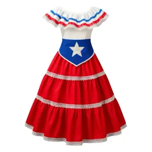 Traditional typical Dress from Puerto Rico dance dress Bomba & Plena with long Red Skirt for adults