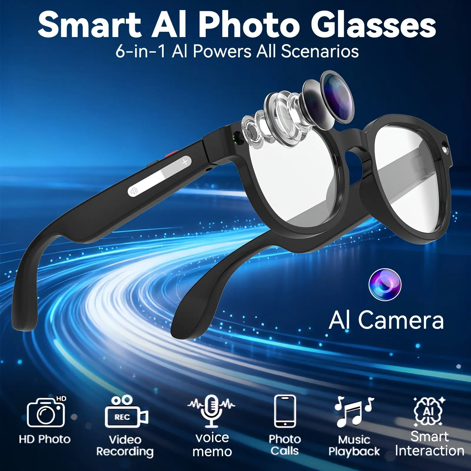 Ai Smart Glasses with 200w HD Camera Real-Time Translation, Ai Voice Assistant, Photo & Video Recording, Large Capacity Battery, Wireless, Wearable Tech Glasses, Multifunctional Smart Glasses, Wearable Smart Glasses