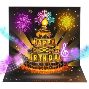 Musical Birthday Card, 3D Pop Up Birthday Card with Music and Light, Firework Greeting Card with Interactive Blowable, Birthday Gift for Her Him Mom Grandma Wife Husband