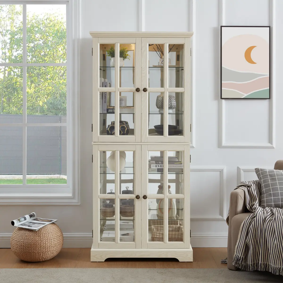 Curio Display Cabinet,Antique Display Cabinet with Glass Doors Adjustable Shelves for Collectibles Four Door Design Vintage Showcase for Home or Office Antique Display Case E26 Bulb Included  WHI   WL