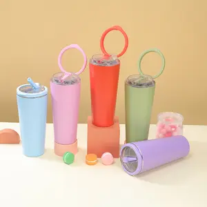 New Circular Handle 304 Stainless Steel Insulated Cup with Foldable Straw - Office Portable High-Style Tumbler