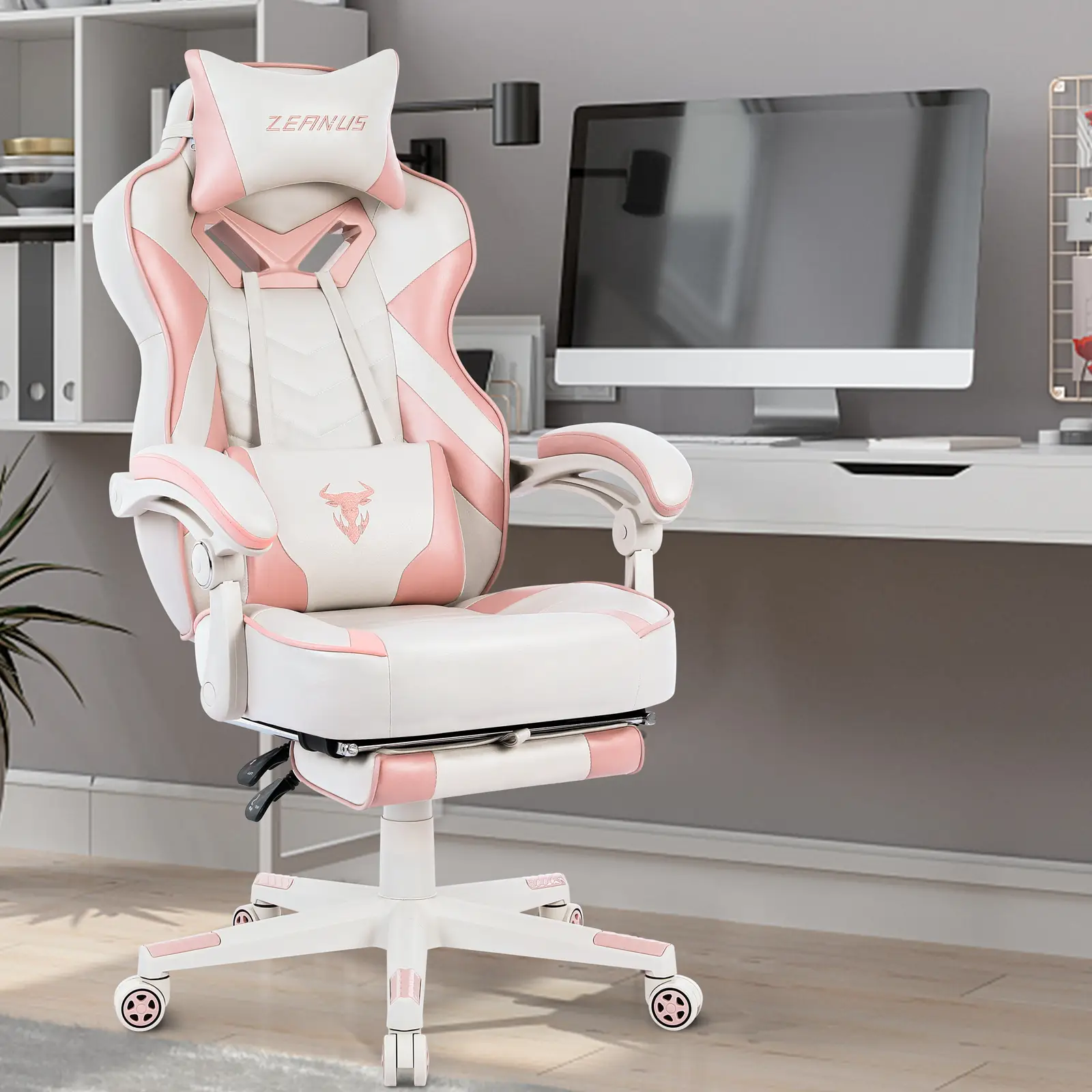 Pink Gaming Chair Adult Gaming Chair Girls Computer Gaming Chair Computer Chair with Footstool Office Rotating Ergonomic Racing Style Reclining Gaming