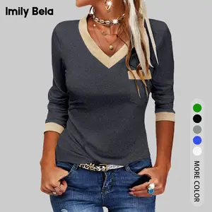Imily Bela Essentials Womens Long Sleeve T Shirts Casual V Neck Color Block Tunic Tops Trendy Loose Basic Top Front Pocket
