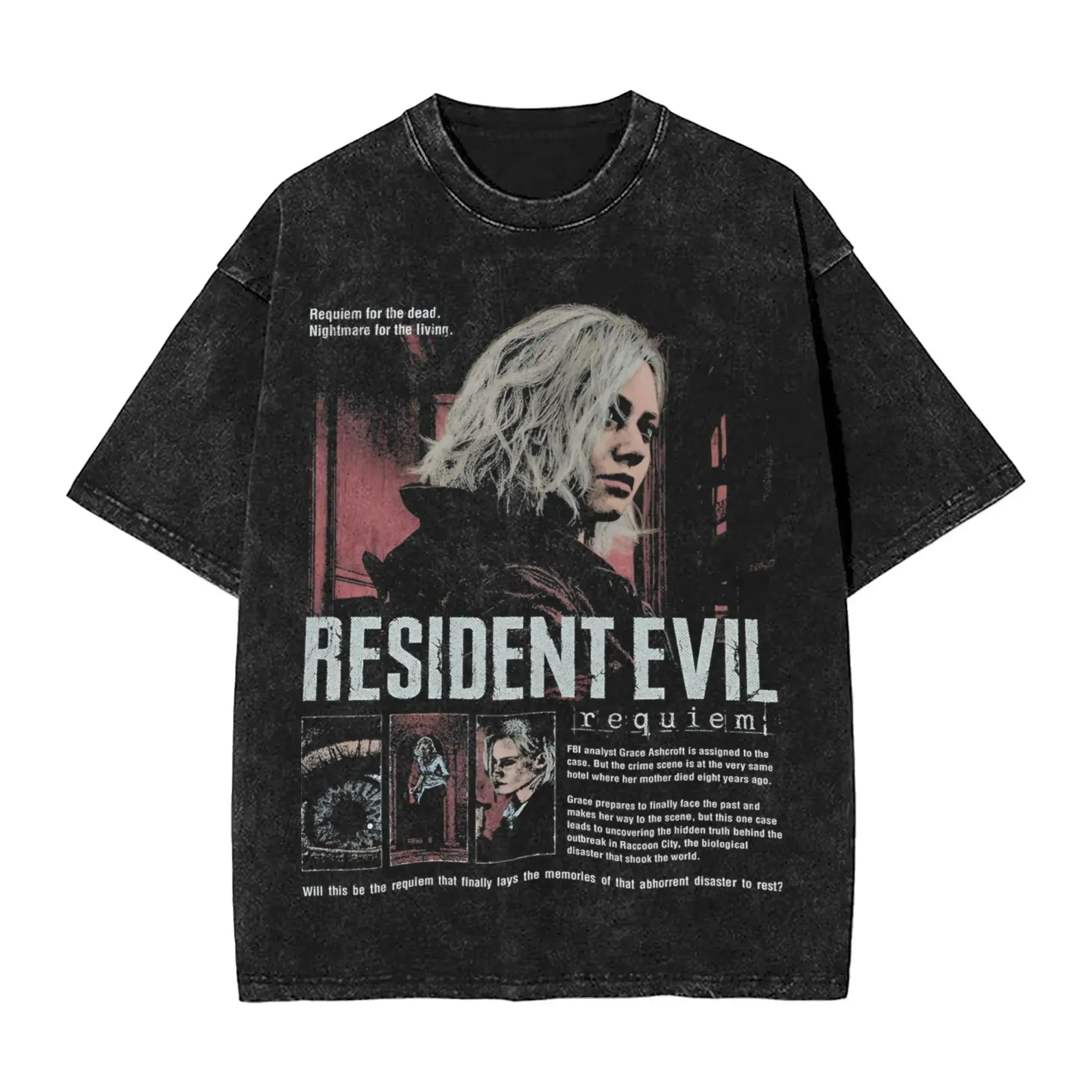 Vintage Acid Wash Resident Evil Requiem Graphic T-Shirt | Retro Horror Game Movie Poster Tee | Heavyweight Oversized Streetwear Top | Gothic Grunge Aesthetic Clothing