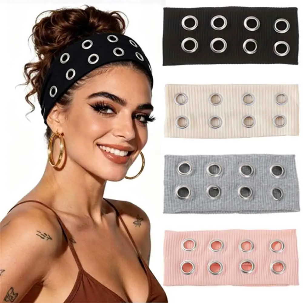 4 Pcs Grommet Headband, Eyelet Headband with Holes Y2k Wide Studded Headbands, Elastic Hairband Grunge Accessories Punk Hair Accessories, Stretchy Hair band for Women