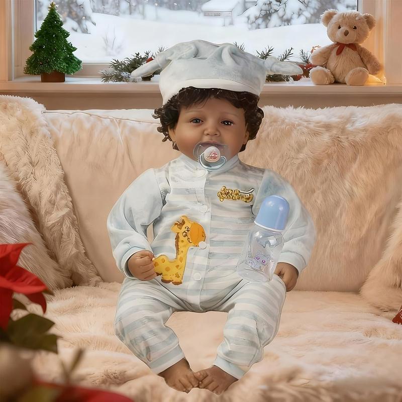 22" African American Baby Doll, Realistic Black Reborn Baby Dolls Silicone Vinyl Babydoll, Lifelike Soft Cloth Body Boy Doll, Birthday Set for Aged 3+