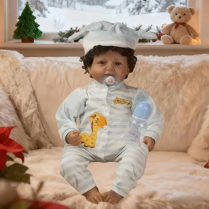 22" African American Baby Doll, Realistic Black Reborn Baby Dolls Silicone Vinyl Babydoll, Lifelike Soft Cloth Body Boy Doll, Birthday Set for Aged 3+