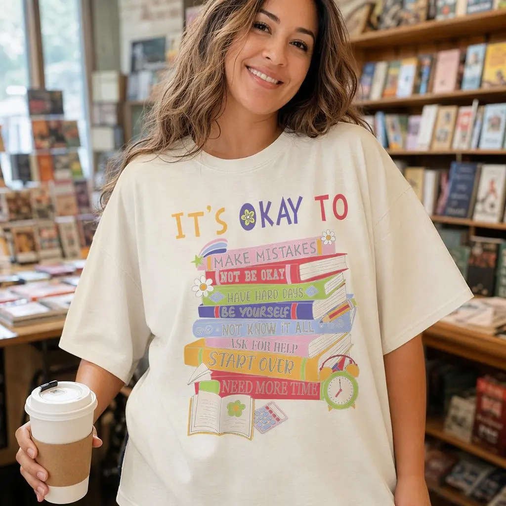Inspirational Book Stack Shirt Women Mental Health Graphic Tee Plus Size