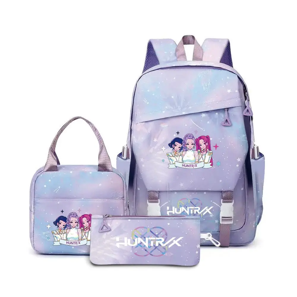 17‑Inch Purple Starry Sky Anime Cartoon KPOP Backpack 3‑Piece Set, Girls School Bookbag with Lunch Tote Bag and Pencil Pouch, Cute Casual Daypack for Teen Girls Women