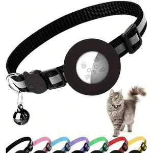 Cat Collar with Airtag Holder & Bell, Reflective GPS Device Strap for Small Cats, Christmas Gift Idea for Pets