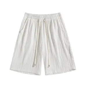 Men's Fitted Pleated Texture Drawstring Shorts - Menswear Polyester Fabric, Elegant Minimalist Luxe Ripple Knit, Above Knee Off-White Casual Bottoms for Summer Vacation