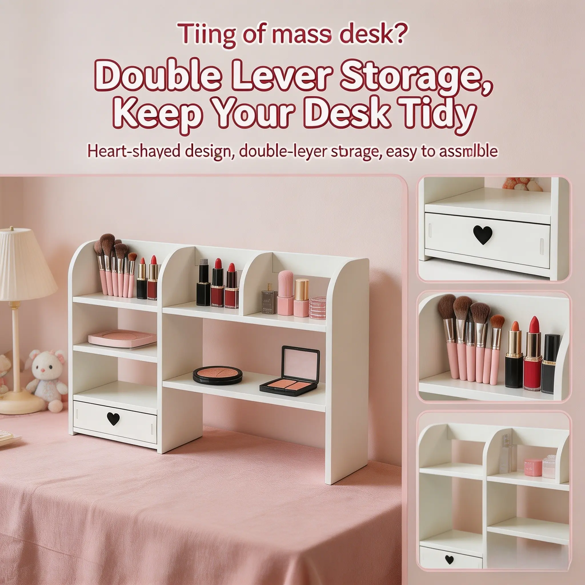 Heart-Shaped Desktop Storage Rack, Multi-Layer Bookshelf, Bookshelf with Drawers, Space-Saving Organizer, Easy Assembly, Ideal for Books, Cosmetics, Office Supplies, Multifunctional Bookshelf