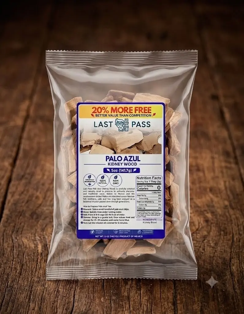 Last Pass Palo Azul Kidney Wood Loose Leaf Herbal Tea, 5oz Wildcrafted Natural Sugar-Free Chemical-Free Mild 0-Calorie Traditional Mexican Rich-Flavor Beverage