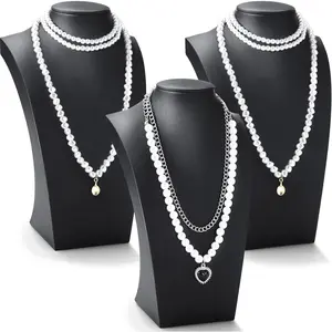 3 Pcs Black PU Leather Jewelry Bust Display Necklace Display Stand Necklace Mannequin Holder for Jewelry Displays (9.8 x 3.0 x 5.7 Inches)