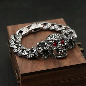 Vintage Domineering 316L Stainless Steel Skull Bracelet With Red Stone Eyes Bangles Punk Hip Hop High Quality Jewelry Wholesale