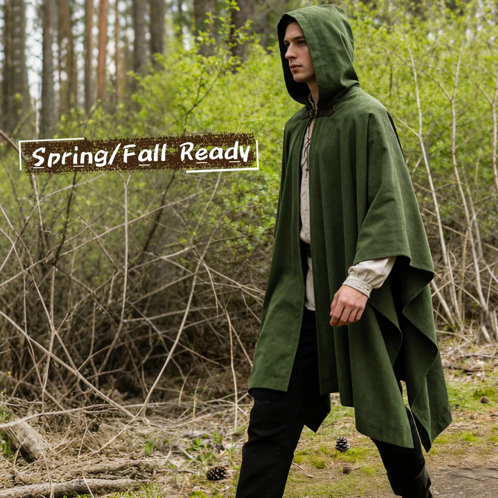 HiiFeuer Medieval Corduroy Hooded Cloak with Adjustable Brooch - Fantasy Poncho Renaissance Costume Cape, Green Scarf-Shawl for Ranger Halloween DND Cosplay, Ponyo Costume, Plain