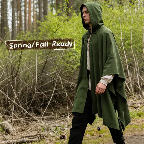 HiiFeuer Unisex Retro Solid Long Corduroy Hooded Cloak - All-Seasons Fantasy Cape with Adjustable Brooch, Attached Hood, Party Costume, Hand Wash Only (Clothes Accessory)
