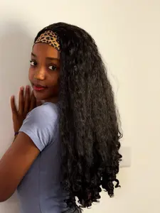 Headband Wig 22 Inch Kinky Curly Wig Afro Curly Wigs for Black Women Black Woman Wigs Synthetic hair Texture With Bouncy Curls in the Ends Glueless Soft and Fluffy Curly Wig for Daily Use