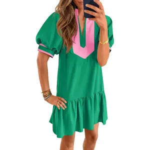 Imily Bela Womens Summer Mini Dress Casual Short Puff Sleeve V Neck Color Block Loose Beach A Line Dresses with Pockets