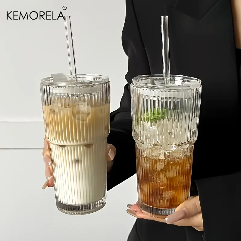 1/2Counts 20oz Ribbed Tumbler With Lid And Glass Straw, Striped Tumbler, Heavy Duty Tumbler Reusable Tumbler Machine Washable Drinking Tumbler Perfect For Iced Coffee, Smoothies, Cocktails And Juices For Home, Office, Travel, Drinkware, Cup