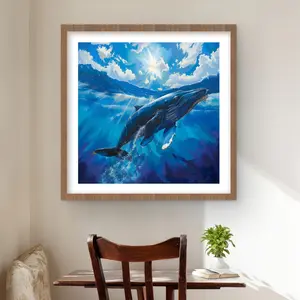 Begin Home Decor C1FM2424K4LLI5 24 x 24 in. Swimming Whale - Blue Framed Matted Print Wall Art for Home Decor