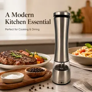 Electric Pepper Grinder, Stainless Steel Automatic Salt and Pepper Mill with Ceramic Core, Adjustable Coarseness, One-Hand Operation, Refillable Spice Grinder for Kitchen BBQ Dining