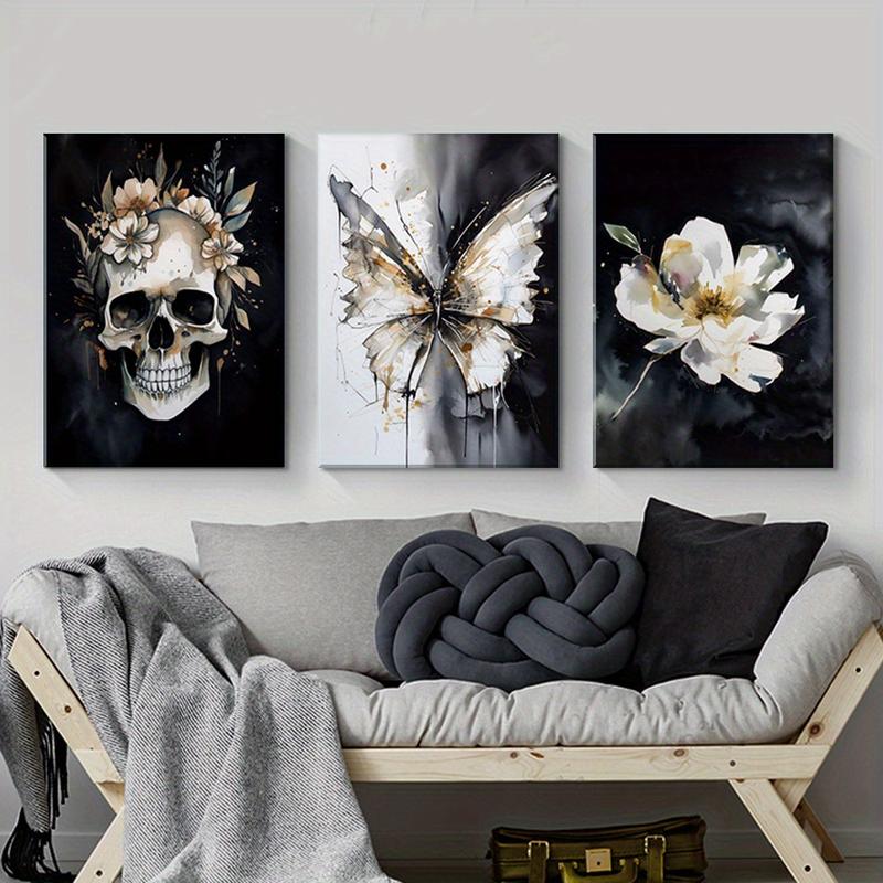 Framed 3 Pieces Skull Pansy Canvas Poster Black and White Gothic Wall Art Witch Wall Decor Perfect Gift for Friends and Family Flower Skull Butterfly Abstract Wall Art Canvas Print Home DecorAlready frameddopamine decor gifts boyfriend poster