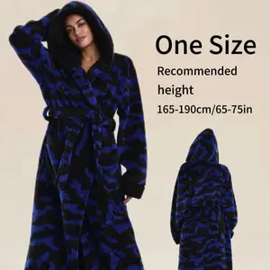 Elegant Deep Blue Leopard Print Soft Flannel Bathrobe, Fleece Lined Hat with Belt + Pocket, Unisex, One Size Fits All