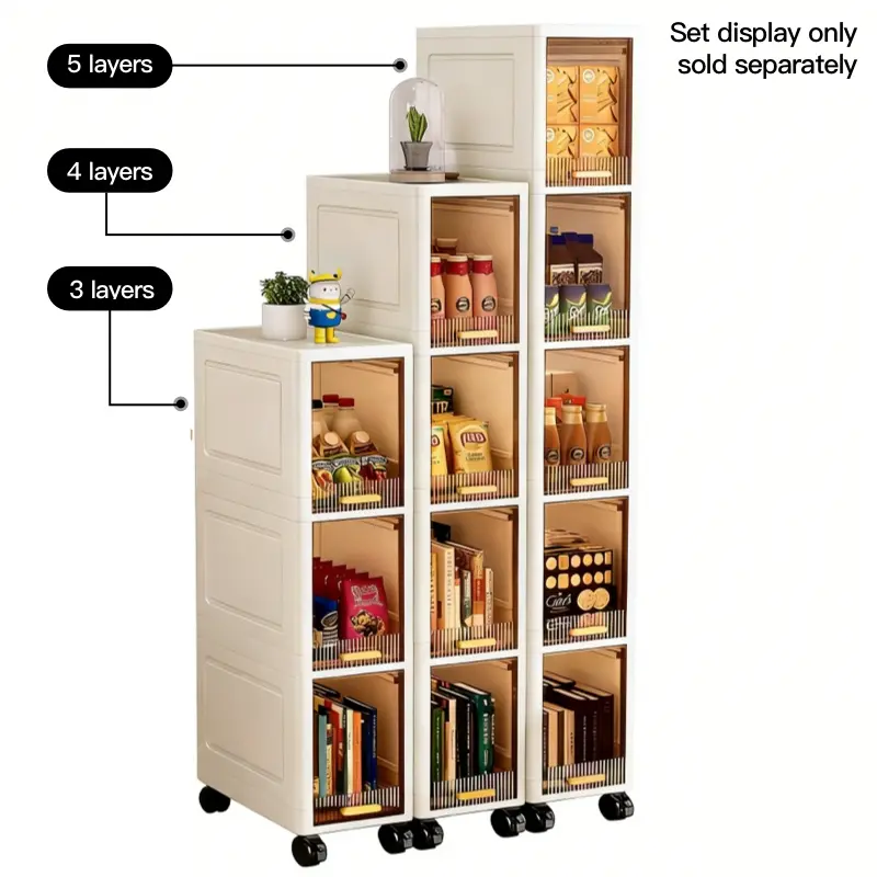 Space-Saving Narrow Rolling Food Storage Cabinet with Wheels, Multi-Layer Plastic Organizer with Flip-Top Clear Door for Home Small Spaces