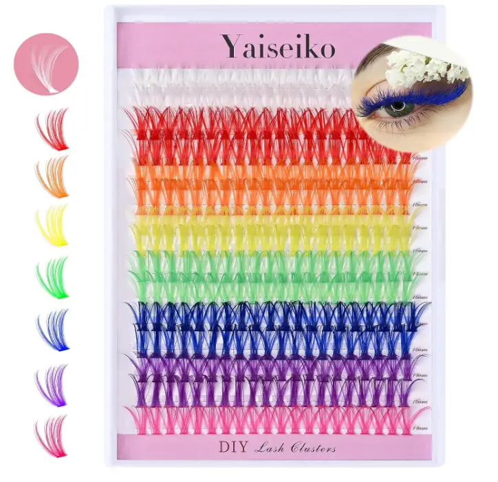 Colored Lash Clusters 300Pcs Individual Lashes D Curl 14mm/16mm Mixed 8 Colors Rainbow DIY Eyelash Extension Colorful Cluster Lashes with White Eyelash Clusters Pack