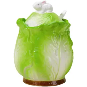 Cabbage and Rabbit Ceramic Sugar Bowl with Lid and Spoon, Sugar Container, Sugar Jar for Kitchen Countertop, Coffee Bar