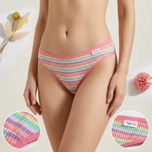 7 Packs New Pure Cotton Color Thread Ladies Thong Pantsabdomen Lifting Buttock Breathable Double-Layer Giflsunderwear Multicolor Stripe Design Comfortable Fit Everyday Wear