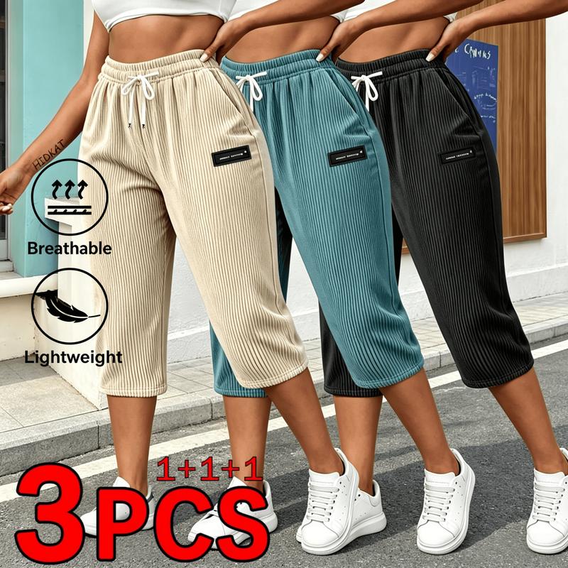 3PC Women's summer corduroy sports cropped pants with pure ribbon and drawstring pockets made of soft and comfortable fabric, suitable for daily leisure activities