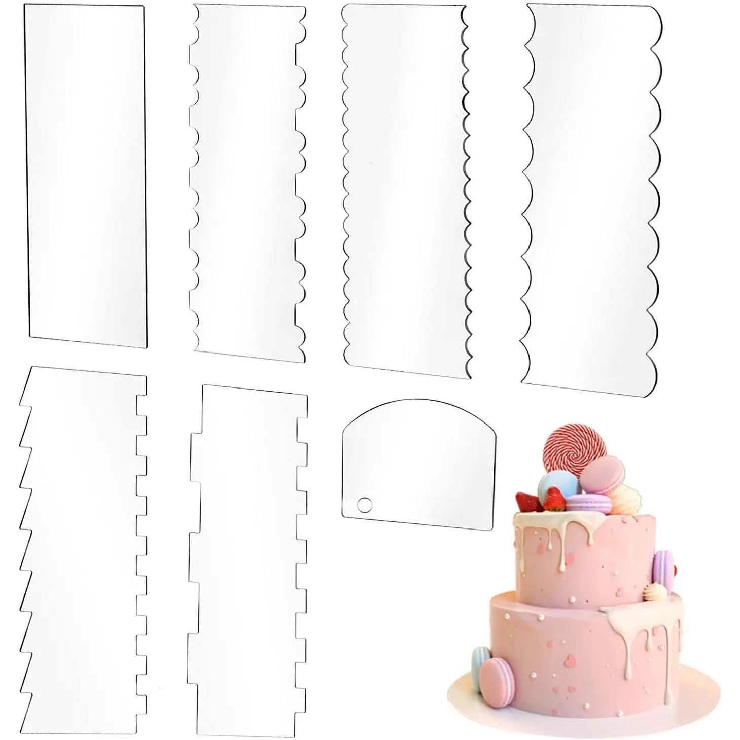 7 Pcs Acrylic Cake Scraper 9.5 Inch Large Icing Frosting Smoother Comb Sided Patterned Edge Stripe for Cake Decorating Mousse Butter Baking Projects