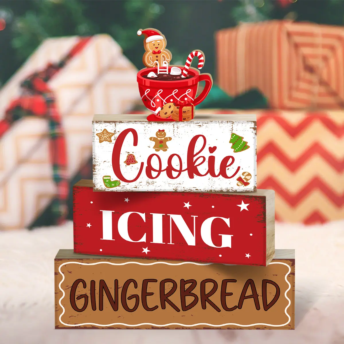 4pcs Christmas Wooden Desktop Signs Exquisite and Cute Decorations for Farmhouse Bedroom, Kitchen & Dining Tabletop Suitable as Gifts for Christmas, Thanksgiving & Birthdays
